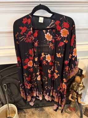 Black Floral Kimono with Pink and Coral Blooms